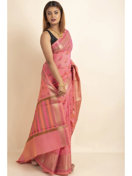 Rose Pink Cotton Silk Multi Butti Banarasi Saree with Blouse Piece-Pink-Sari-One Size-Silk Cotton-Adult-Female-2