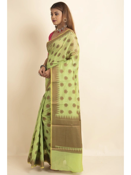 Green Cotton Silk Copper Reshm Butti Temple Border Saree with Blouse Piece-SAC-221003-1