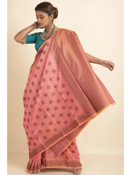 Fuschia Pink Cotton Silk Copper Reshm Butti Temple Border Saree with Blouse Piece-Pink-Sari-One Size-Silk Cotton-Adult-Female-1