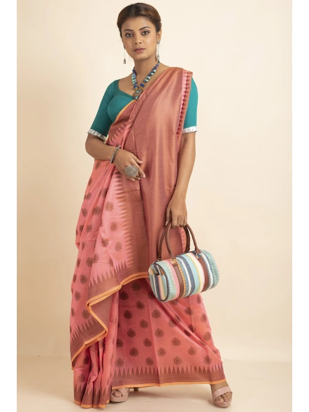 Fuschia Pink Cotton Silk Copper Reshm Butti Temple Border Saree with Blouse Piece-Pink-Sari-One Size-Silk Cotton-Adult-Female-2