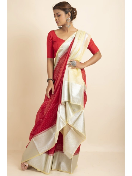 Red Organza Silk Silver  Zari Checks Skirt Border Saree with Blouse Piece-Red-Sari-One Size-Organza Silk-Adult-Female-1