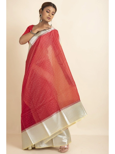 Red Organza Silk Silver  Zari Checks Skirt Border Saree with Blouse Piece-Red-Sari-One Size-Organza Silk-Adult-Female-2