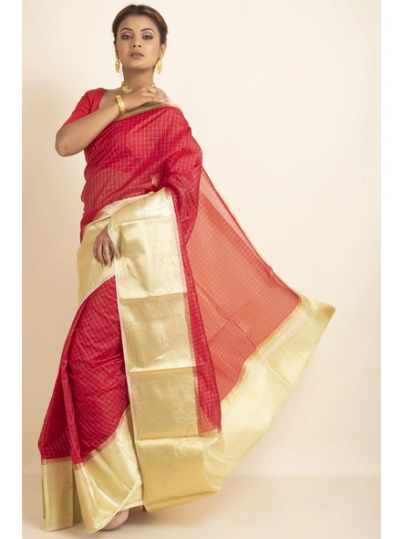 Red Organza Silk Golden Zari Checks Skirt Border Saree with Blouse Piece-SAC-221005-1