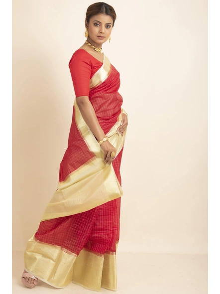 Red Organza Silk Golden Zari Checks Skirt Border Saree with Blouse Piece-Red-Sari-One Size-Organza Silk-Adult-Female-1