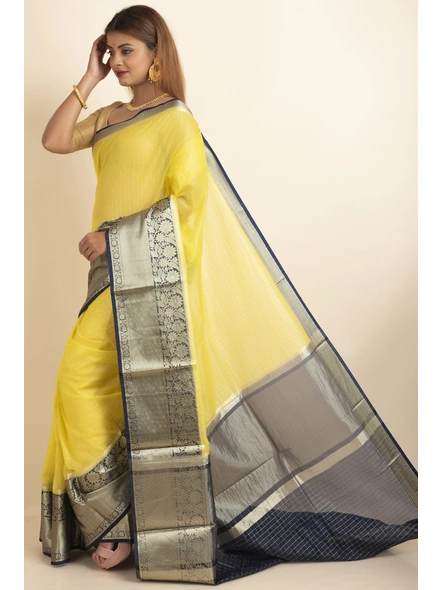 Golden Organza Silk Golden Zari Checks Skirt Border Saree with Blouse Piece-SAC-221005-2