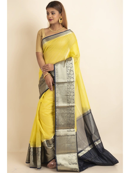 Golden Organza Silk Golden Zari Checks Skirt Border Saree with Blouse Piece-Gold-Sari-One Size-Organza Silk-Adult-Female-1