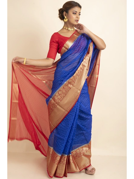 Royal Blue Organza Silk Golden  Zari Checks Skirt Border Saree with Blouse Piece-SAC-221005-3