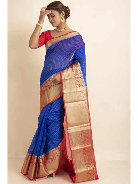 Royal Blue Organza Silk Golden  Zari Checks Skirt Border Saree with Blouse Piece-Blue-Sari-One Size-Organza Silk-Adult-Female-1