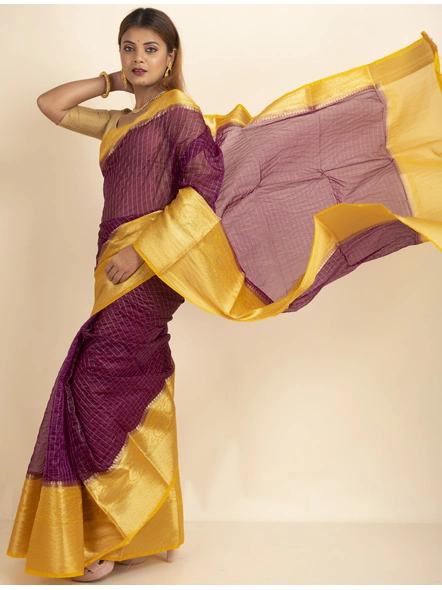 Purple Golden Zari Check Organza Silk Saree with Blouse Piece-SAC-221006-1
