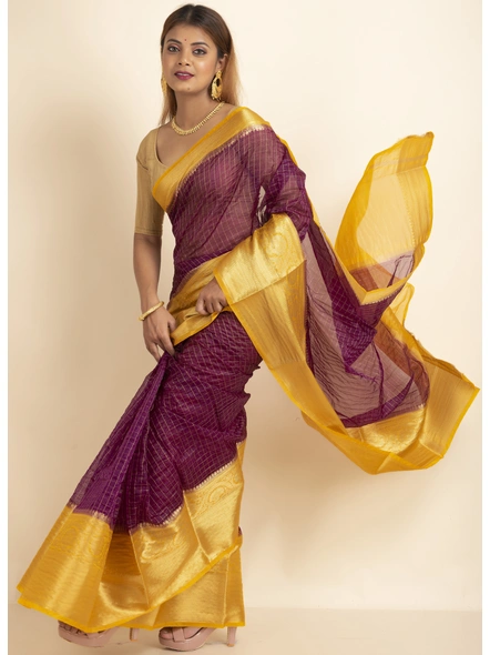 Purple Golden Zari Check Organza Silk Saree with Blouse Piece-Magenta-Sari-One Size-Organza Silk-Adult-Female-2
