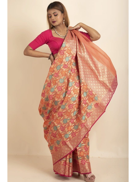 Peach Multi Jaal Cotton Silk Saree with Blouse Piece-Peach-Sari-One Size-Silk Cotton-Adult-Female-1