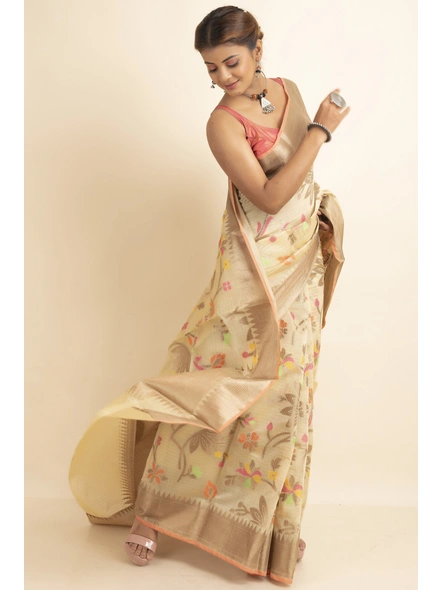 Beige Bold Multi Jaal  Cotton Silk Saree with Blouse Piece-Beige-Sari-One Size-Silk Cotton-Adult-Female-1