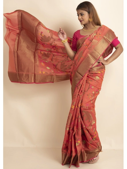 Peach Bold Multi Jaal Cotton Silk Saree with Blouse Piece-Peach-Sari-One Size-Silk Cotton-Adult-Female-1