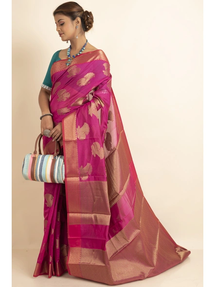 Fuschia Pink Golden Zari Butta Cotton Silk Saree with Blouse Piece-SAC-221011-1