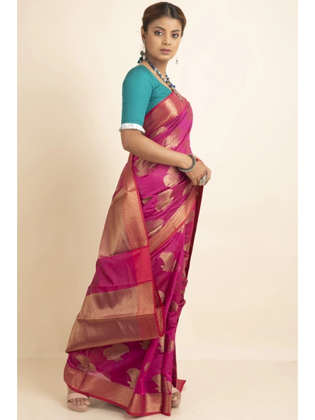 Fuschia Pink Golden Zari Butta Cotton Silk Saree with Blouse Piece-Pink-Sari-One Size-Silk Cotton-Adult-Female-1