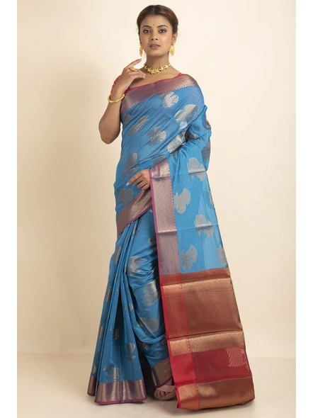 Royal Blue Golden Zari Butta Cotton Silk Saree with Blouse Piece-SAC-221011-5