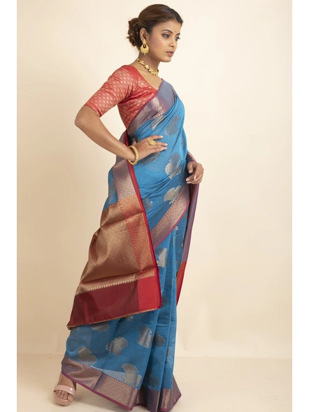 Royal Blue Golden Zari Butta Cotton Silk Saree with Blouse Piece-Blue-Sari-One Size-Silk Cotton-Adult-Female-2