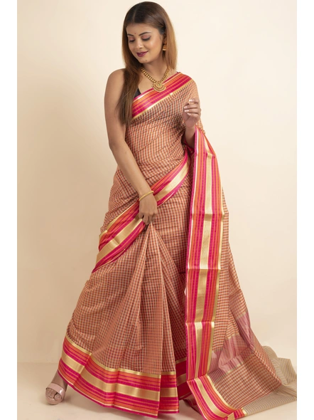 Orange Tussar Check Satin Border Cotton Silk Saree with Blouse Piece-Orange-Sari-One Size-Silk Cotton-Adult-Female-1