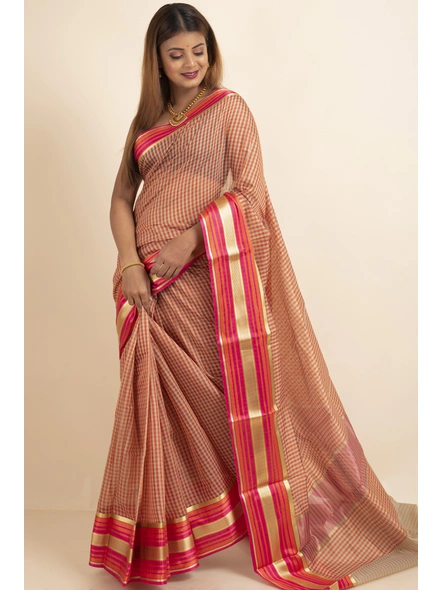 Orange Tussar Check Satin Border Cotton Silk Saree with Blouse Piece-Orange-Sari-One Size-Silk Cotton-Adult-Female-2
