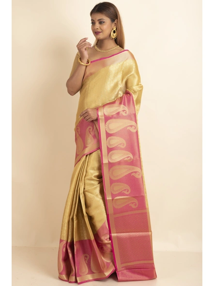 Light Beige Tissue Silk Tanchuai Skirt Border  Saree with Blouse Piece-SAC-221014-1