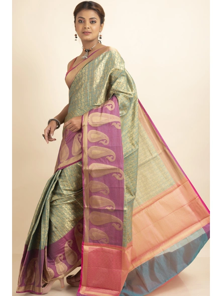 Green Tissue Silk Tanchuai Skirt Border  Saree with Blouse Piece-SAC-221014-3