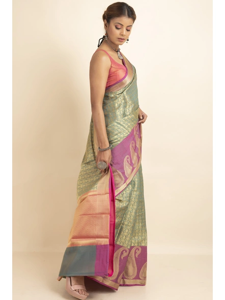 Green Tissue Silk Tanchuai Skirt Border  Saree with Blouse Piece-Green-Sari-One Size-Tissue Silk-Adult-Female-1