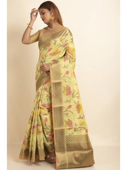 Light Green Bold Multi Zari  Jaal Cotton Silk Saree with Blouse Piece-SAC-221015-1