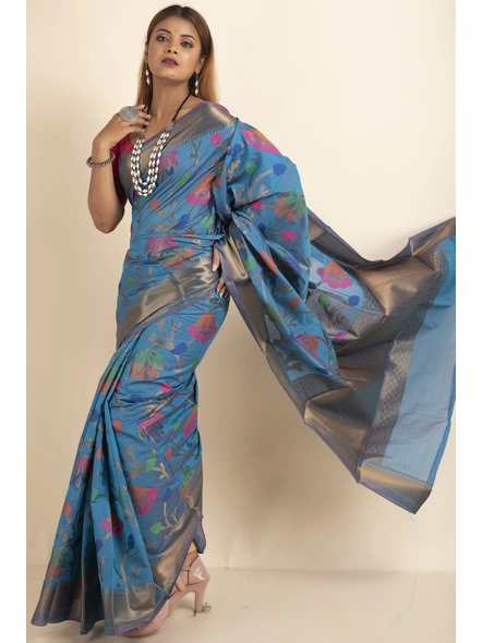Royal Blue Bold Multi Zari Jaal Cotton Silk Saree with Blouse Piece-Blue-Sari-One Size-Silk Cotton-Adult-Female-1