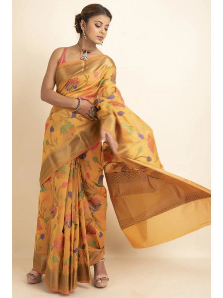 Mustard Bold Multi Zari Jaal Cotton Silk Saree with Blouse Piece-Yellow-Sari-One Size-Silk Cotton-Adult-Female-1