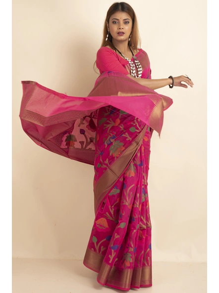 Fuschia Pink Bold Multi Zari Jaal Cotton Silk Saree with Blouse Piece-SAC-221015-4
