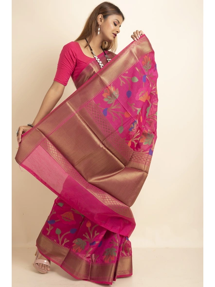 Fuschia Pink Bold Multi Zari Jaal Cotton Silk Saree with Blouse Piece-Pink-Sari-One Size-Silk Cotton-Adult-Female-1