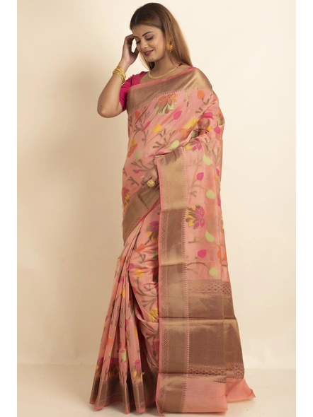 Peach Bold Multi Zari Jaal Cotton Silk Saree with Blouse Piece-SAC-221015-5