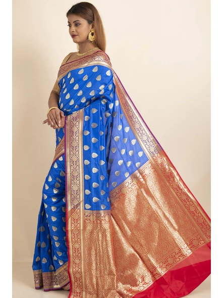 Royal Blue Uppara Silk Golden zari buti Saree with Blouse Piece-Blue-Sari-One Size-Silk Blend-Adult-Female-1