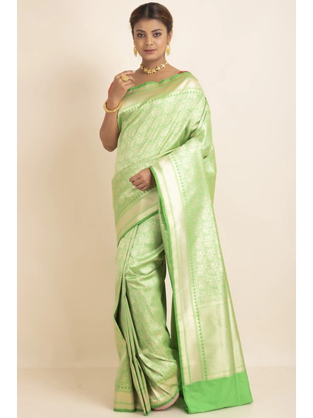 Green Shikargah Jaal Brocade Saree with Blouse Piece-Green-Sari-One Size-Silk Blend-Adult-Female-1