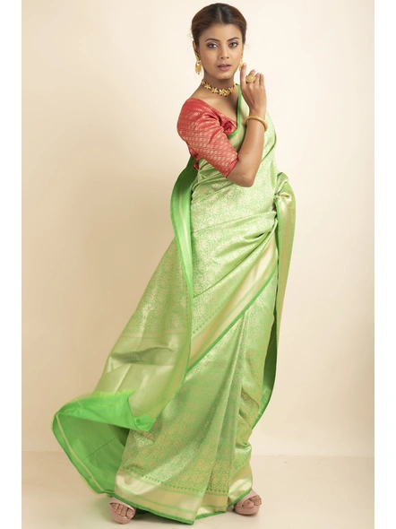 Green Shikargah Jaal Brocade Saree with Blouse Piece-Green-Sari-One Size-Silk Blend-Adult-Female-2