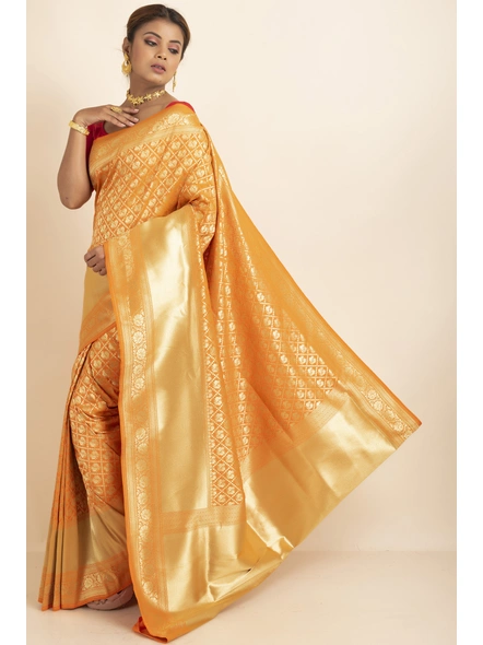 Golden Shikargah Jaal Brocade Saree with Blouse Piece-Gold-Sari-One Size-Silk Blend-Adult-Female-1