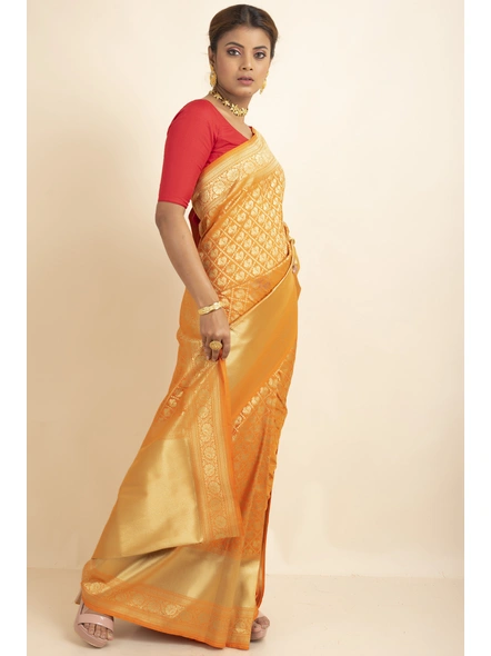 Golden Shikargah Jaal Brocade Saree with Blouse Piece-Gold-Sari-One Size-Silk Blend-Adult-Female-2