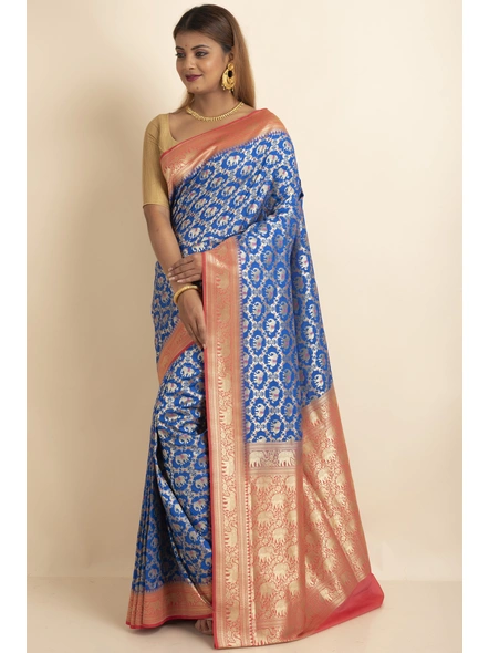 Royal Blue Shikargah Multi Jaal Brocade Saree with Blouse Piece-SAC-221019