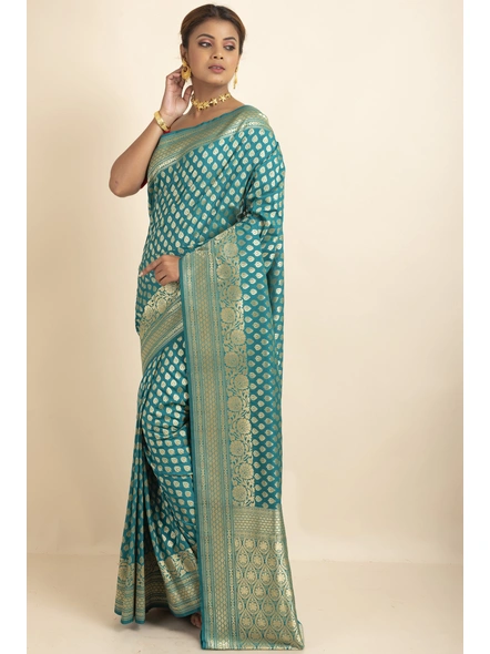 Dark Green Uppara Silk Golden Zari Buti Saree with Blouse Piece-Green-Sari-One Size-Silk Blend-Adult-Female-1