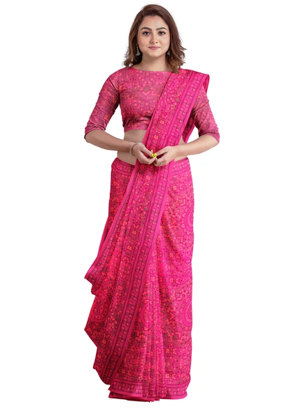 Woven Rani Pink Cotton Silk Handloom Printed Saree with Blouse Piece-AS-200BC195