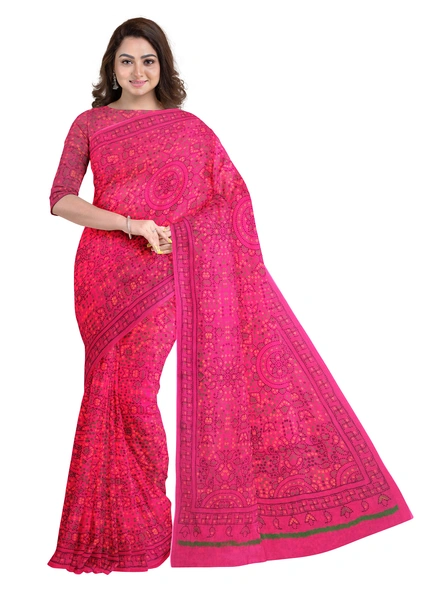 Woven Rani Pink Cotton Silk Handloom Printed Saree with Blouse Piece-Pink-Sari-Cotton Silk-One Size-Adult-Female-2