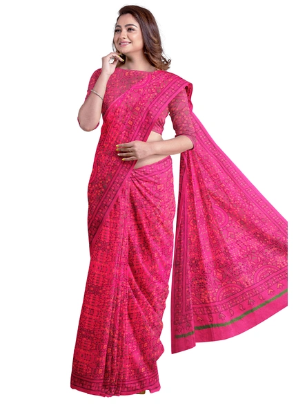 Woven Rani Pink Cotton Silk Handloom Printed Saree with Blouse Piece-Pink-Sari-Cotton Silk-One Size-Adult-Female-4