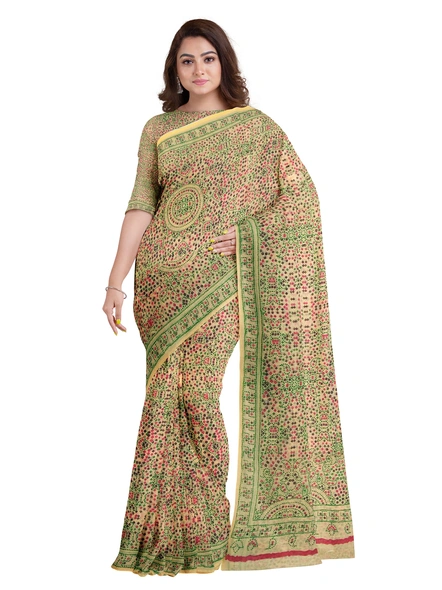 Woven Beige Cotton Silk Handloom Printed Saree with Blouse Piece-Beige-Sari-Cotton Silk-One Size-Adult-Female-2