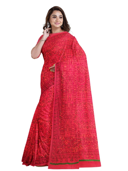 Woven Red Cotton Silk Handloom Printed Saree with Blouse Piece-Red-Sari-Cotton Silk-One Size-Adult-Female-2