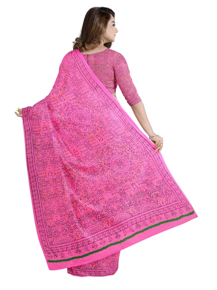 Woven Pink Cotton Silk Handloom Printed Saree with Blouse Piece-Pink-Sari-Cotton Silk-One Size-Adult-Female-1