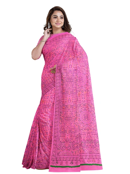 Woven Pink Cotton Silk Handloom Printed Saree with Blouse Piece-Pink-Sari-Cotton Silk-One Size-Adult-Female-2