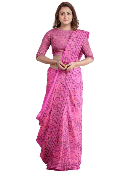 Woven Pink Cotton Silk Handloom Printed Saree with Blouse Piece-Pink-Sari-Cotton Silk-One Size-Adult-Female-3