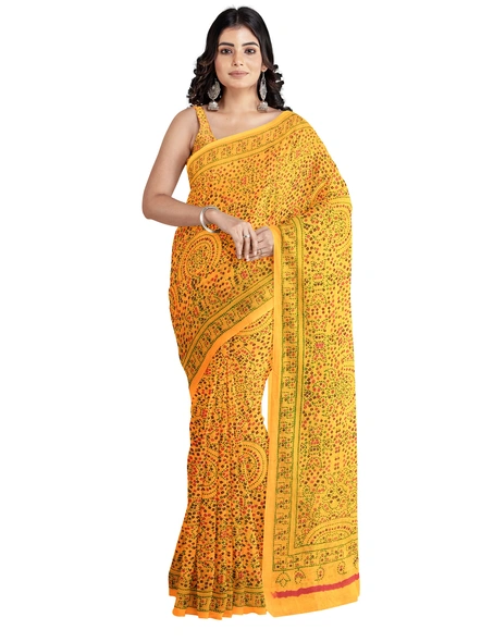 Woven Mustard Cotton Silk Handloom Printed Saree with Blouse Piece-AS-200BC201