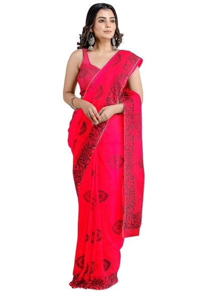 Woven Red Cotton Silk Handloom Printed Saree with Blouse Piece-AS-200BC205
