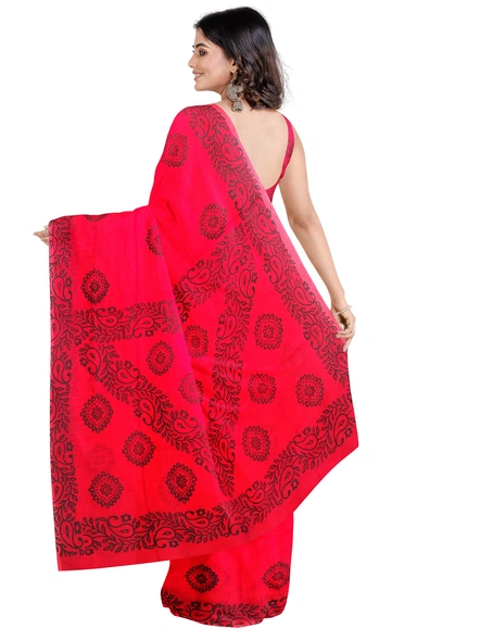 Woven Red Cotton Silk Handloom Printed Saree with Blouse Piece-Red-Sari-Cotton Silk-One Size-Adult-Female-1